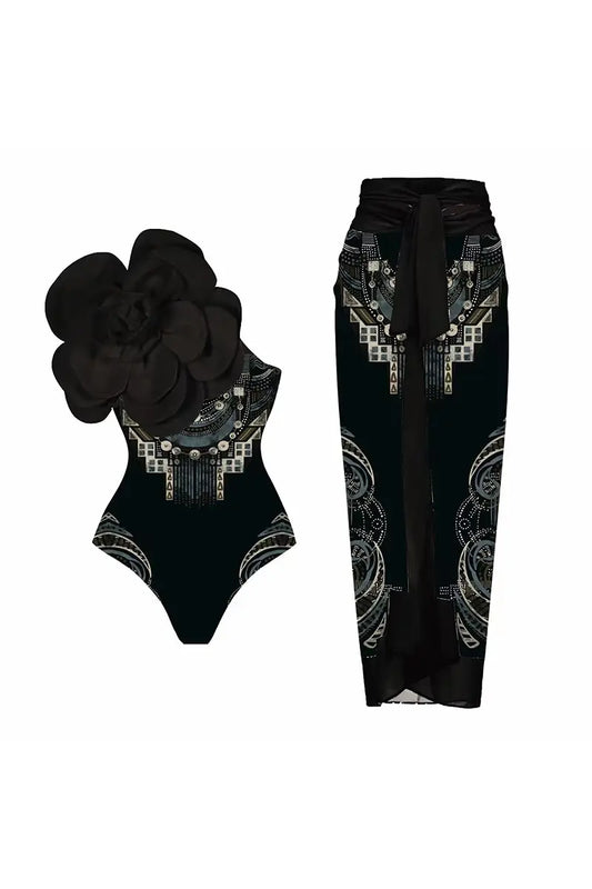 3D Black Floral Bust Decor Printed Swimsuit