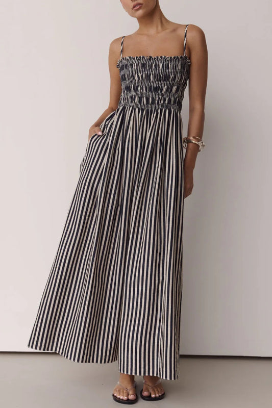 Striped Print Spaghetti Strap Pleated Pocket Casual Vacation Maxi Dress