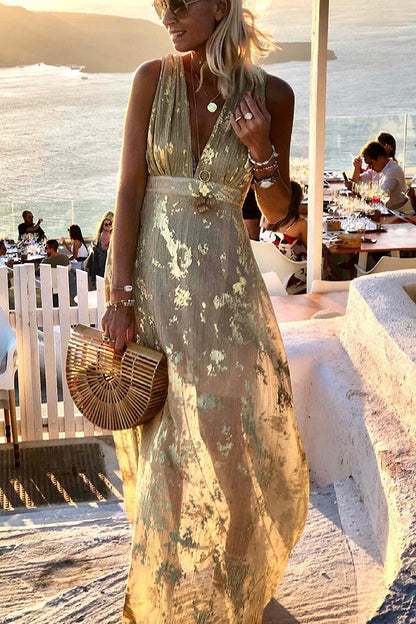 Vacation style waist shaping slim figure party sexy V-neck long dress