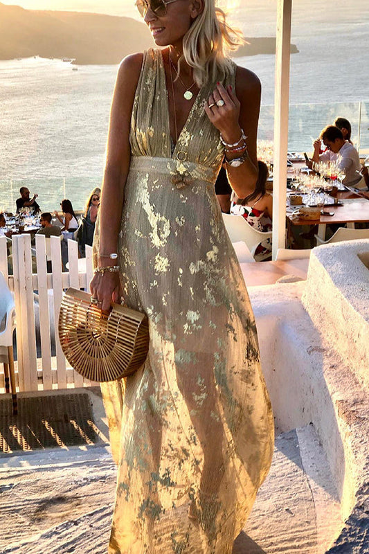 Vacation style waist shaping slim figure party sexy V-neck long dress