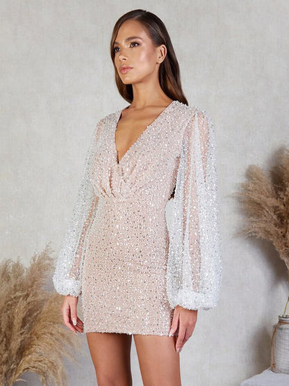 Sequins Dress Plunge Long Sleeves Sexy Birthday Party Bodycon Mini Dresses