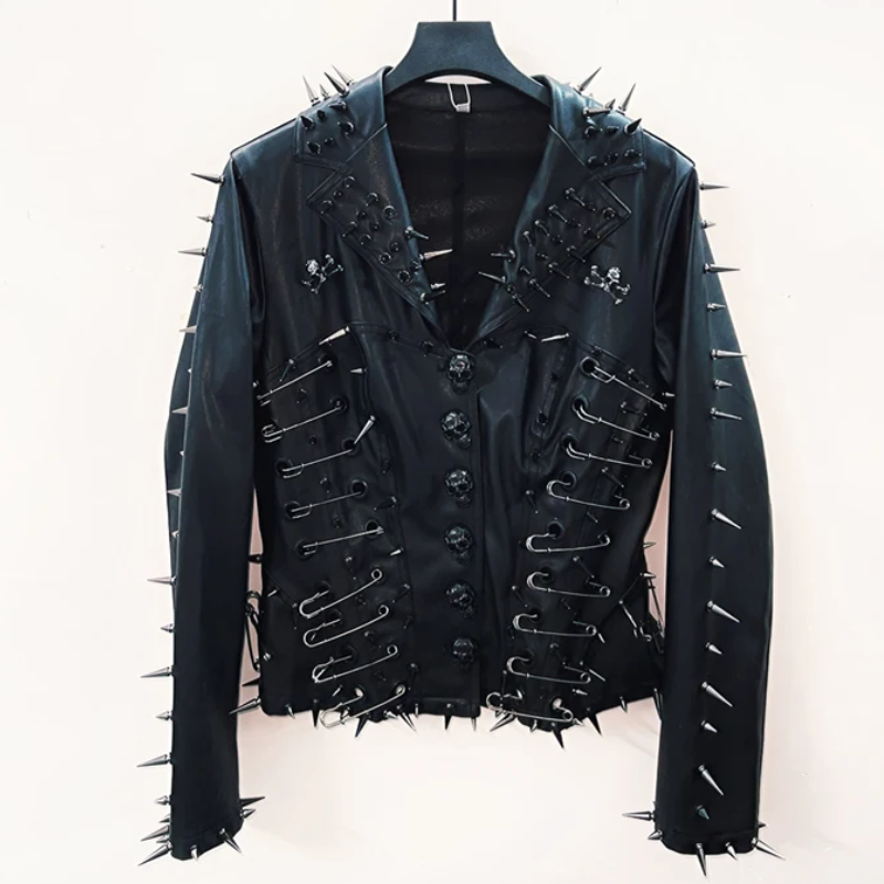 Long sleeve turnover collar PU leather skull applique top  | Festival Outfits Women