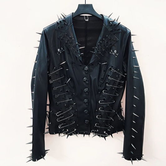 Long sleeve turnover collar PU leather skull applique top | Festival Outfits Women