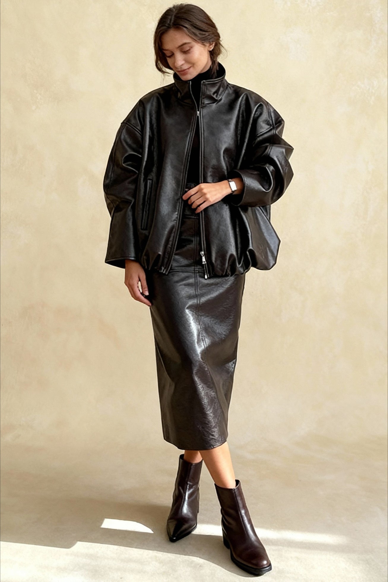 Chic Solid Patent Leather Stand Collar Jacket Skirt Two Piece Set