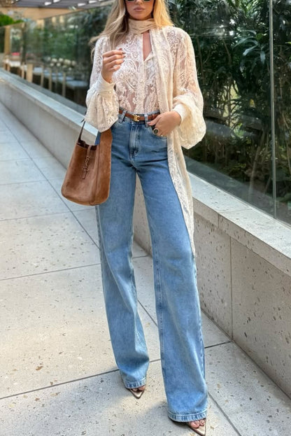 Solid Color Sheer Lace Elegant Ribbon Long-sleeved Shirt