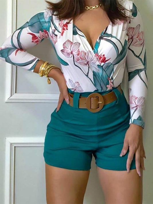 80's Vantage Floral Print Long Sleeve Shorts Set for Women