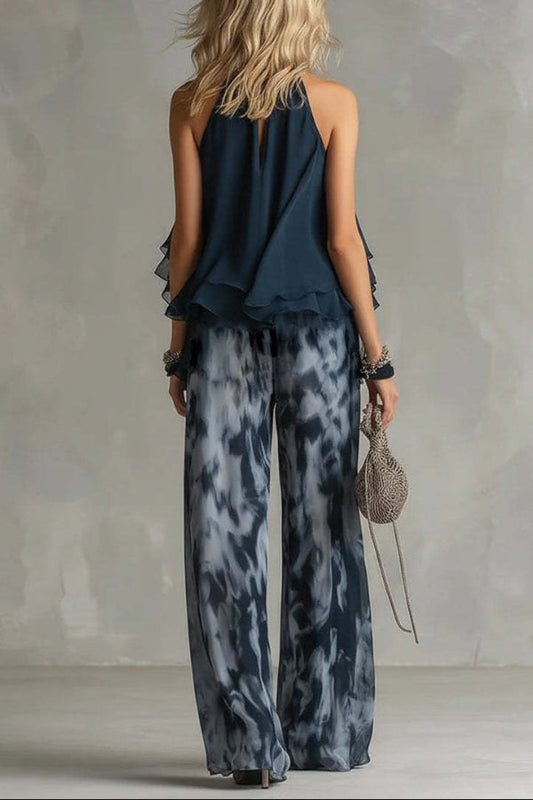 Navy Blue Camisole and Printed Wide-leg Chiffon Suit