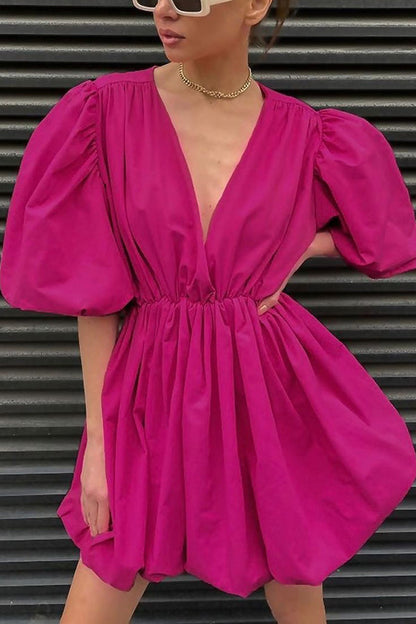 Solid Color Sexy V-neck Lantern Sleeve Waist Mini Dress