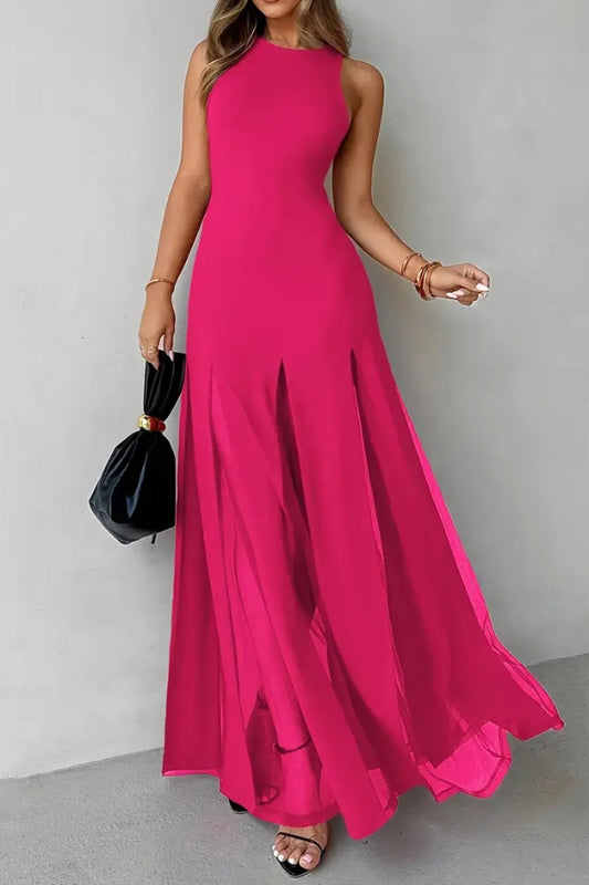 Solid Color Round Neck Sleeveless Slim Fit Sheer Patchwork Hem Maxi Dress