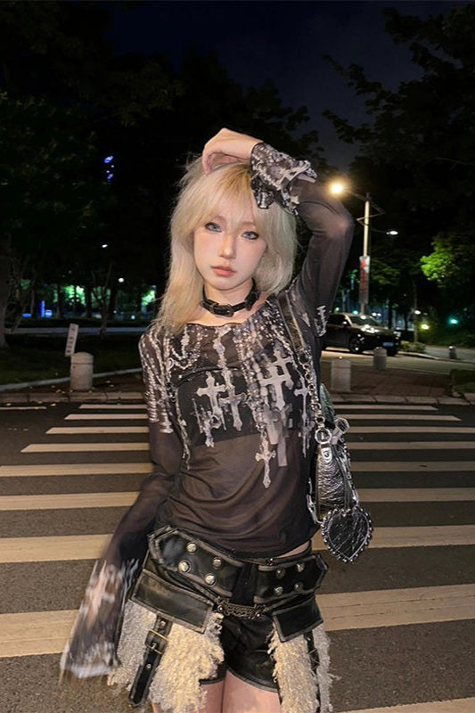 Y2K Gothic Punk Print Mesh Long Sleeve Knit Top
