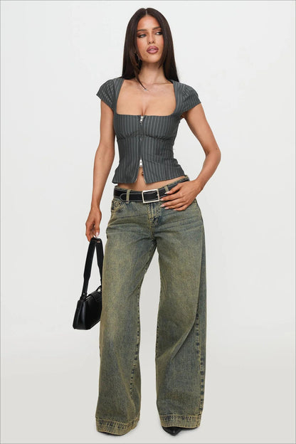 Vintage Square Neck Two Way Zip Stripe Crop Top