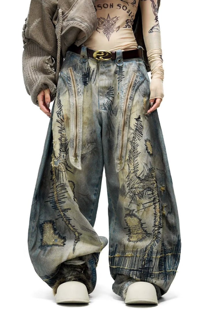 Trendy Hole Patched Denim Pants
