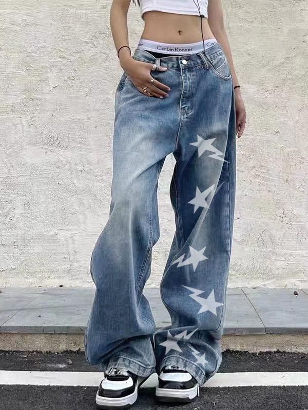 Washed Star Print Boyfriend Jeans