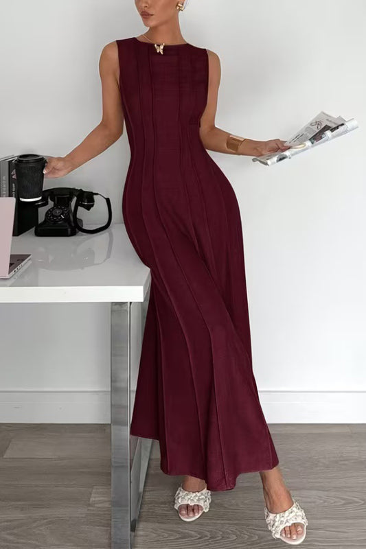 Solid Color Round Neck Sleeveless Elegant Pleated Casual Maxi Dress