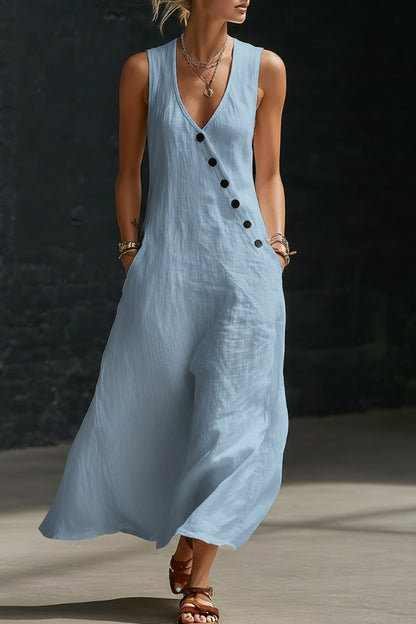 Linen Blend Solid Color V-neck Sleeveless Button-down Casual Pocket Midi Dress
