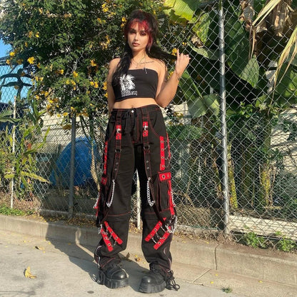 Contrast Color Studded Tactical Pants