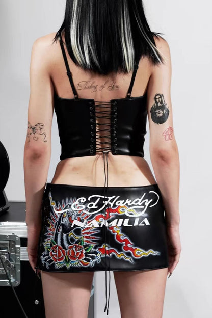 Leather Halter Lace-Up Bodycon Skirt and Tank Top