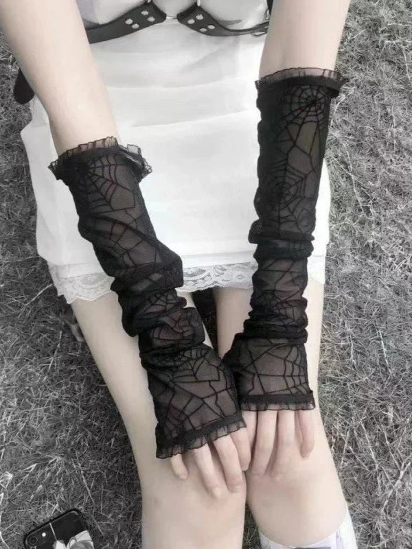 Lace Mesh Spider Web Fingerless Gloves