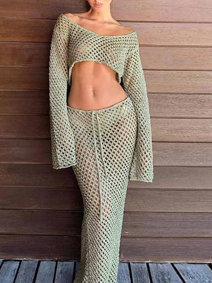 Cutout Cropped Long Sleeve Knit & Maxi Skirt Set
