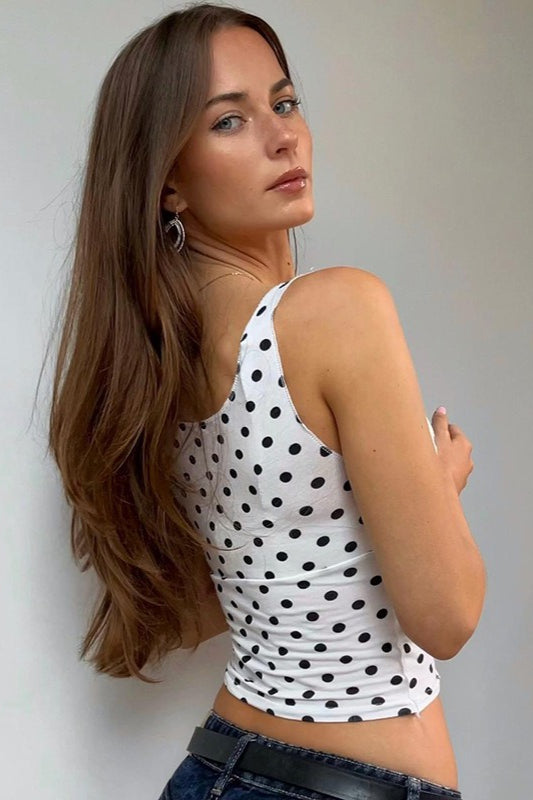 Polka Dot Contrast V Neck Sleeveless Crop Top