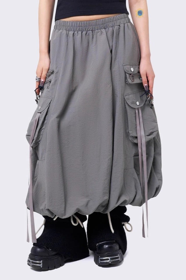 Punk Solid Color Belted Multi-Pocket Skirt