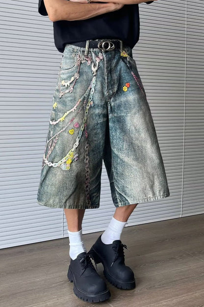 Retro Plus Size Chain Print Wide Leg Denim Shorts