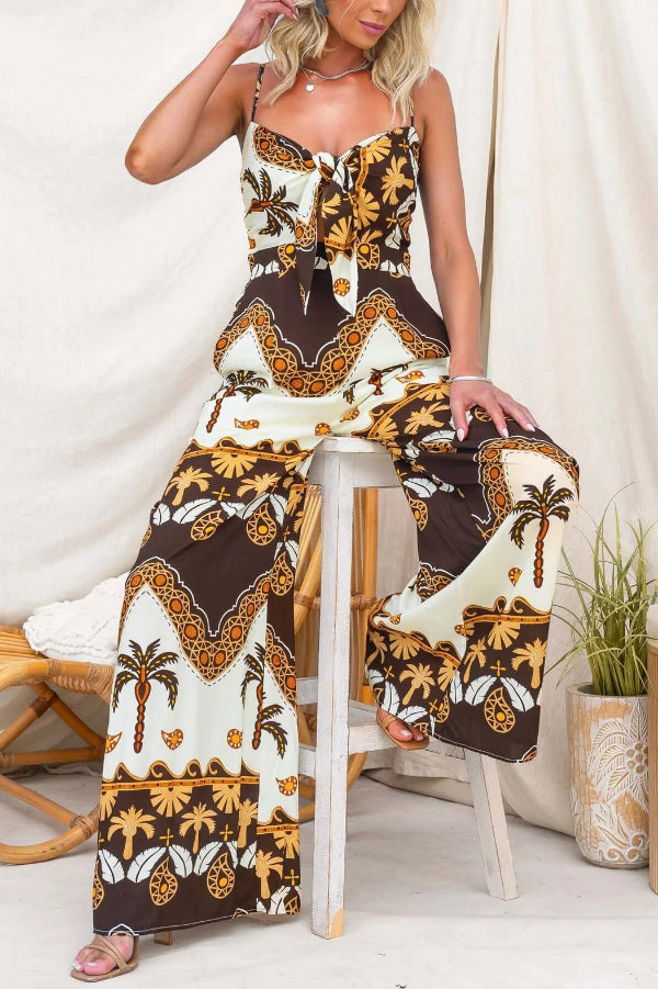 Unique Print Casual Spaghetti Strap High Waist Resort Loose Wide Leg Jumpsuit