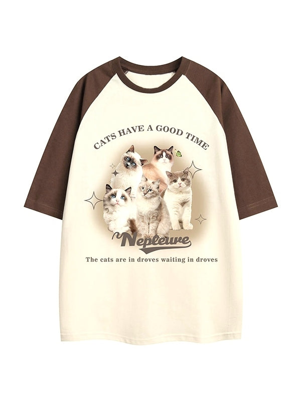 Vintage Cat Print Raglan Oversized Short Sleeve Tee