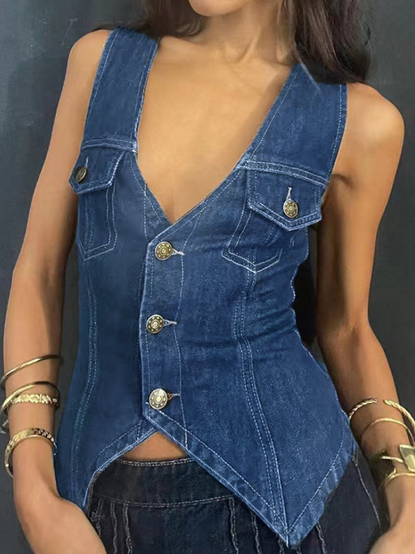 Vintage Denim Breasted V Neck Women Vest