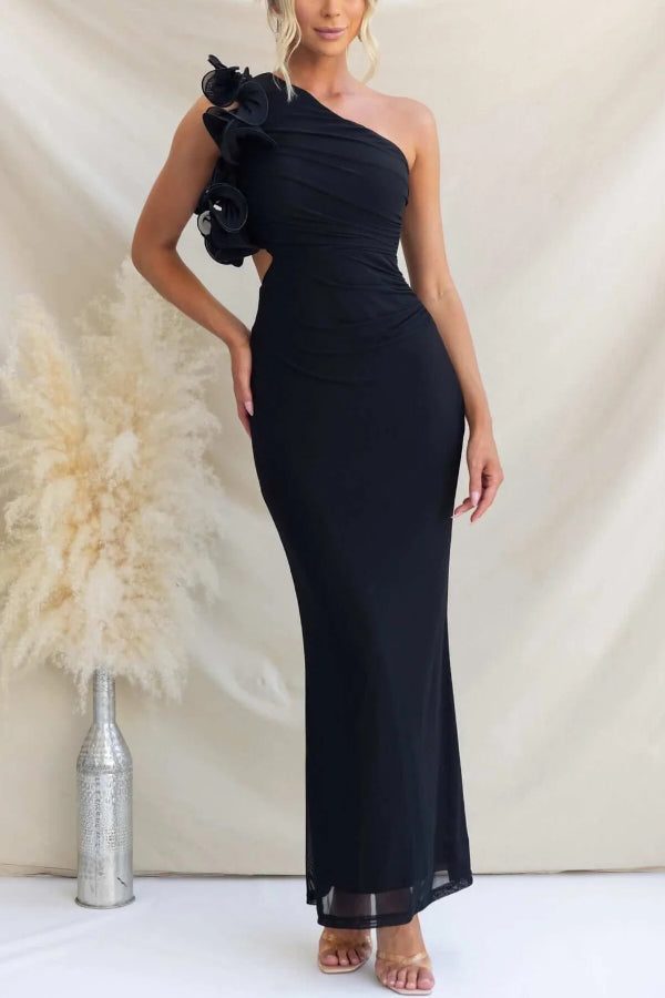 Fashionable Mesh Sleeveless One-shoulder Waist-revealing Maxi Dress