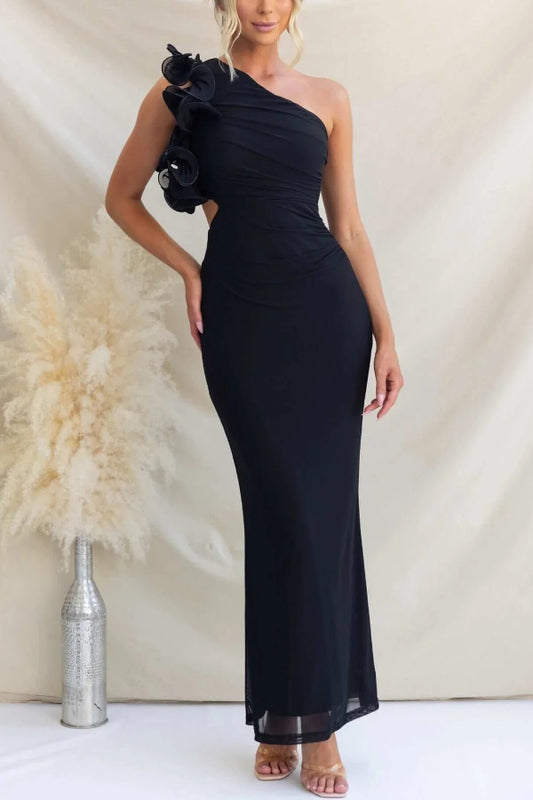 Fashionable Mesh Sleeveless One-shoulder Waist-revealing Maxi Dress