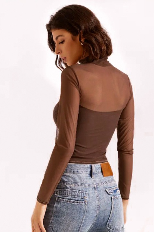 Solid Mock Neck Mesh Paneled Sexy Crop Top