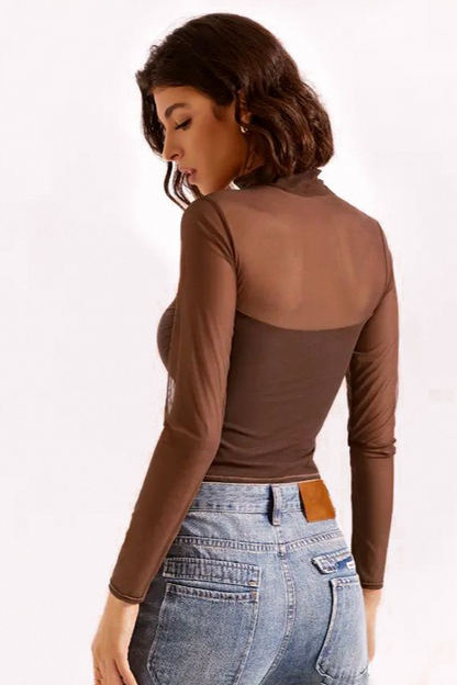 Solid Mock Neck Mesh Paneled Sexy Crop Top