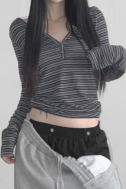 Hooded Striped Color Block Button V Neck Long Sleeve Blouse