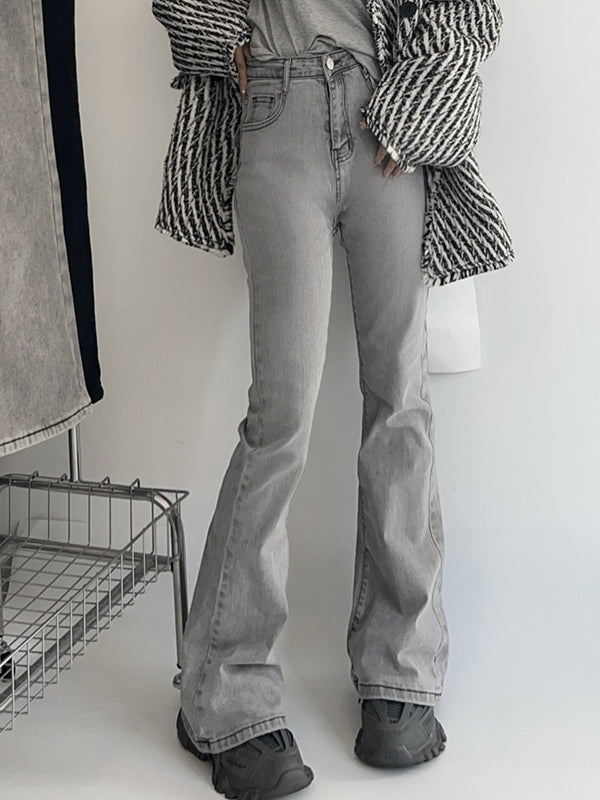 Washed Gray Elastic High Rise Flare Jeans