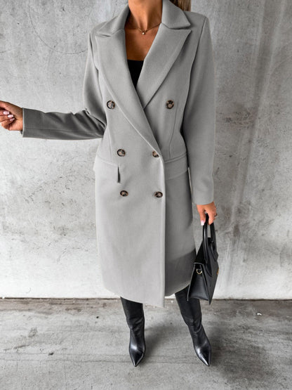 Long Sleeves, Lapel, Solid Color, Double-breasted, Slim Fit Coats