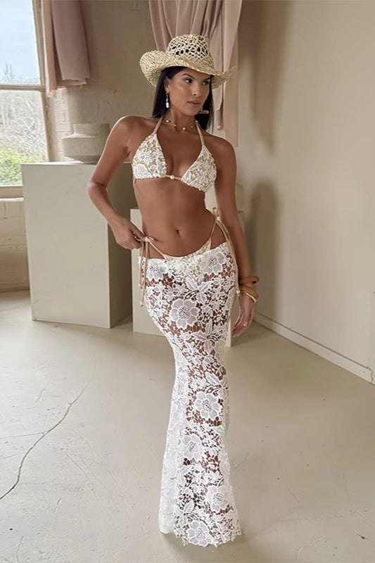 Lace Halter Three Piece Swim Set