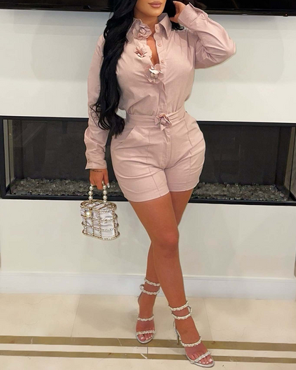 Solid Color Floral Shorts Set