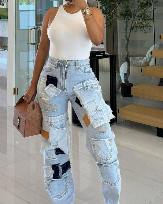 Multi-Pocket Patchwork Jeans