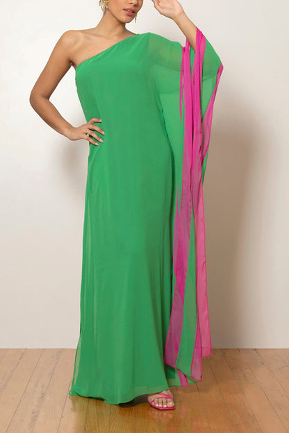 Fashionable Vacation Chiffon Color-blocked One Shoulder Loose Maxi Dress