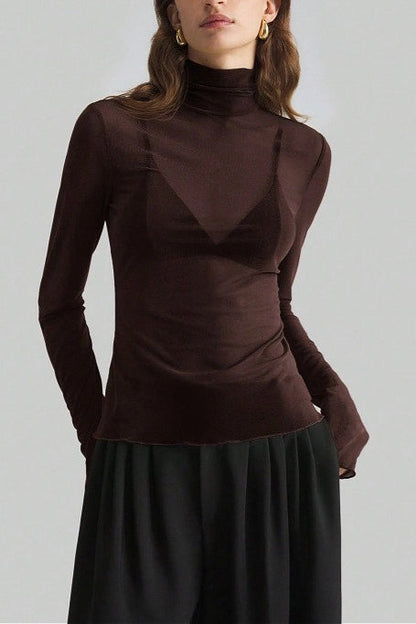 Solid Mandarin Collar Mesh Top