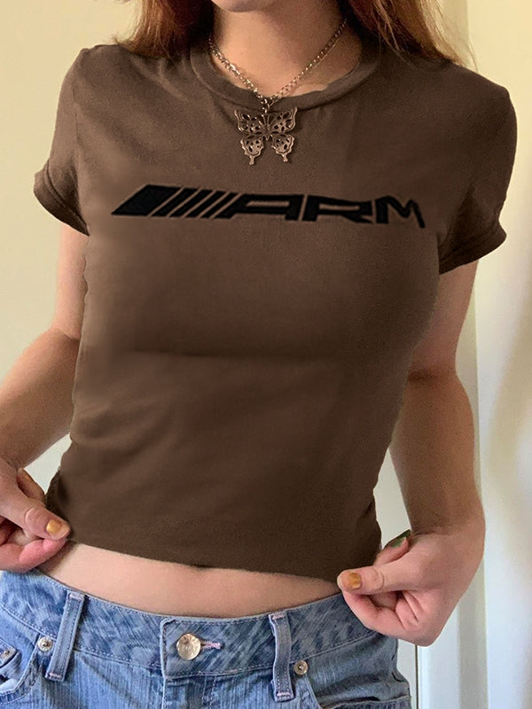 Vintage Brown Letter Print Short Sleeve Tee