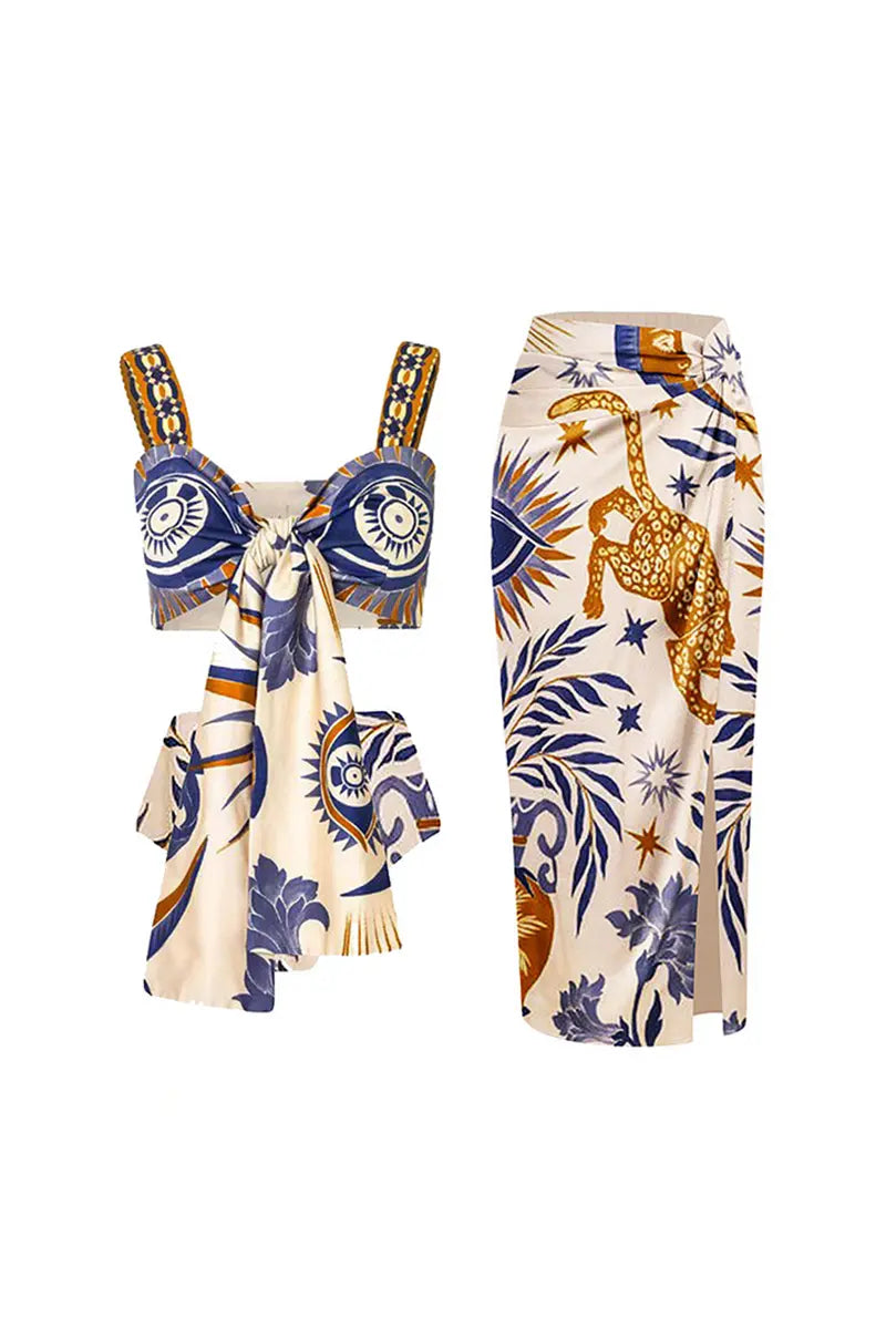 Conjunto de bikini con lazo y estampado bohemio