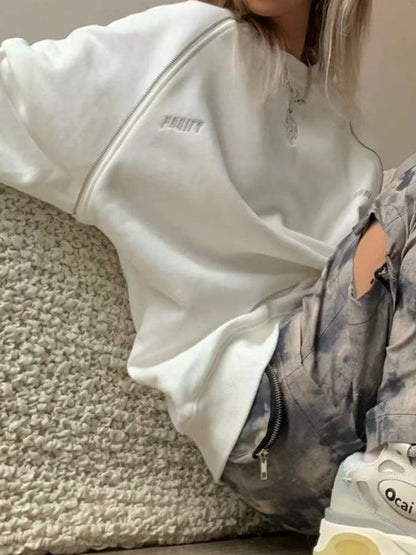 Embroidery Print Zipper Patchwork Sweatshirt