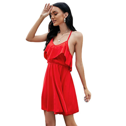 Summer Women Solid Color Backless Pleated Sexy Ruffles Slim Dress Women