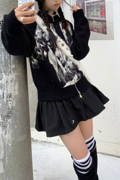Panther Print Retro Hooded Knit Top