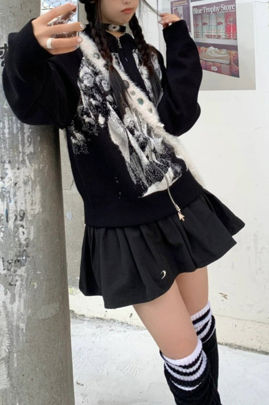 Panther Print Retro Hooded Knit Top