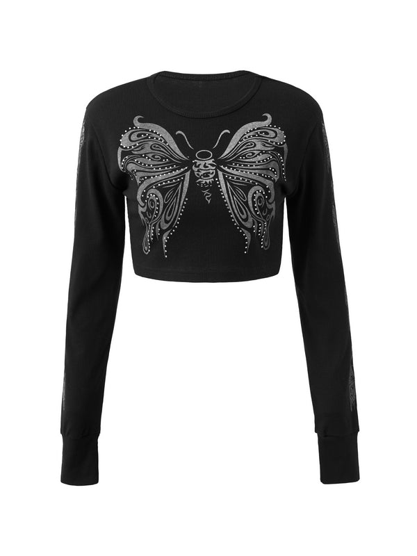 Butterfly Rhinestone Print Crop Long Sleeve Tee