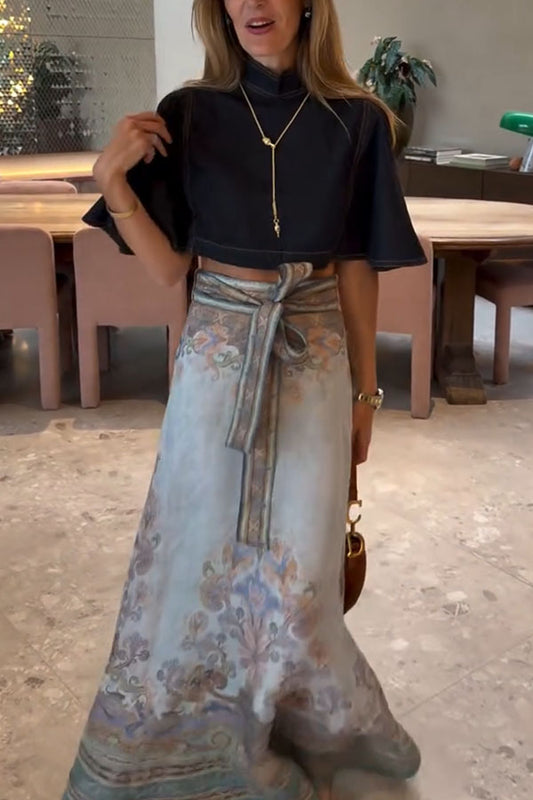 Next Vacation Denim Mock Neck Short Flutter Sleeves Crop Top