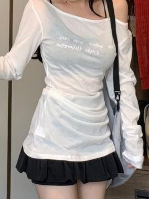 Letter Print One Shoulder Thin Long Sleeve Tee